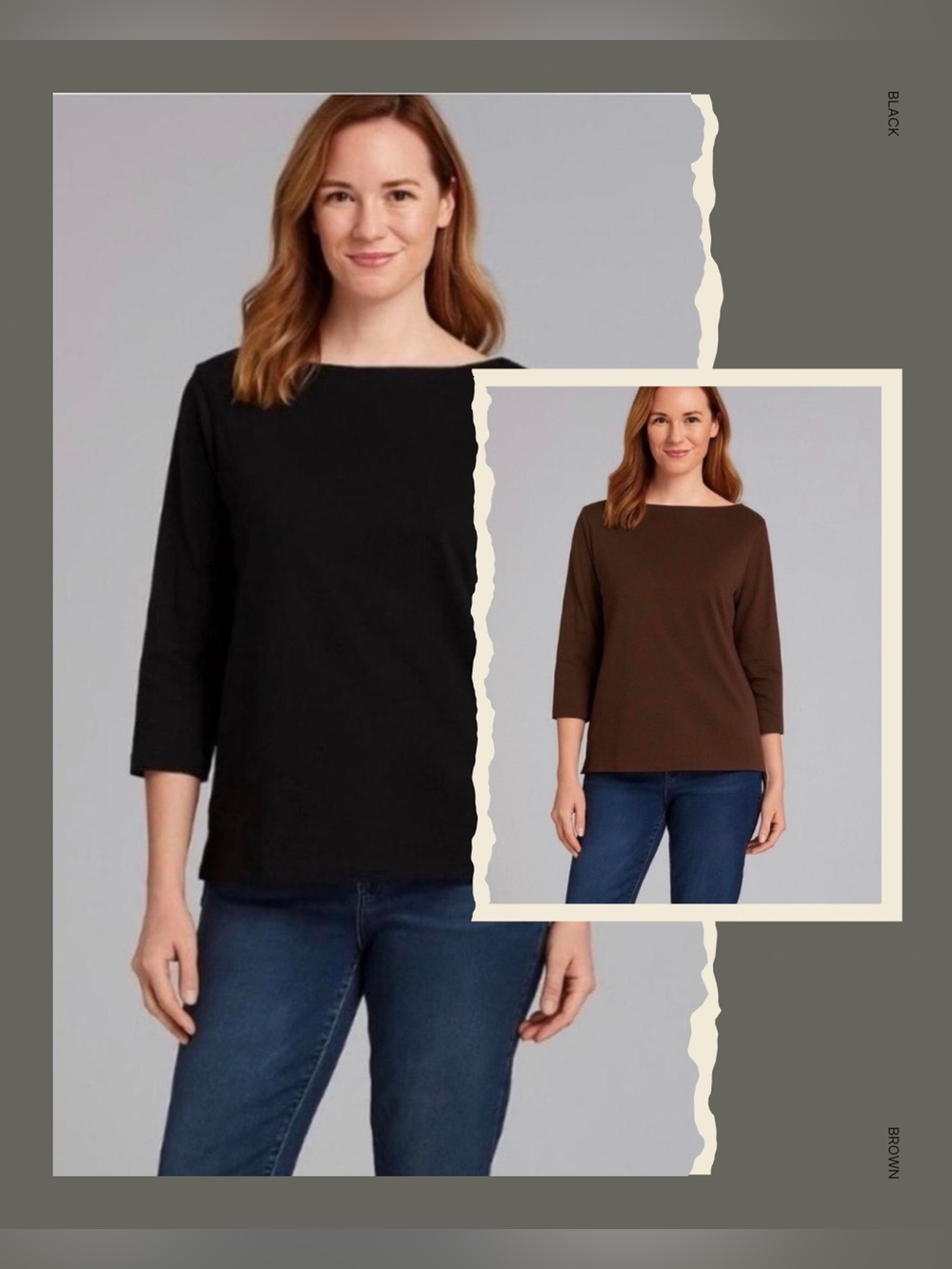 2 Classic Brown& Black 3/4 Sleeve Boatneck Top Size M
